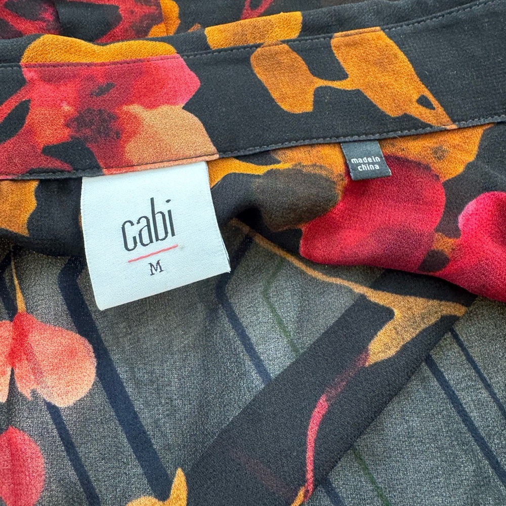 CAbi Black, Orange and Red Floral Ruffle Front Button Down Blouse - Picture 9 of 11